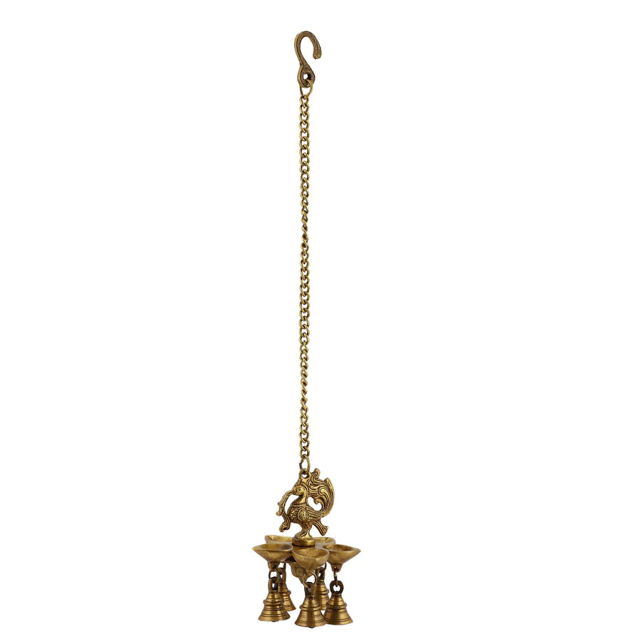 Peacock hanging 5 Diya With Bells (Light)