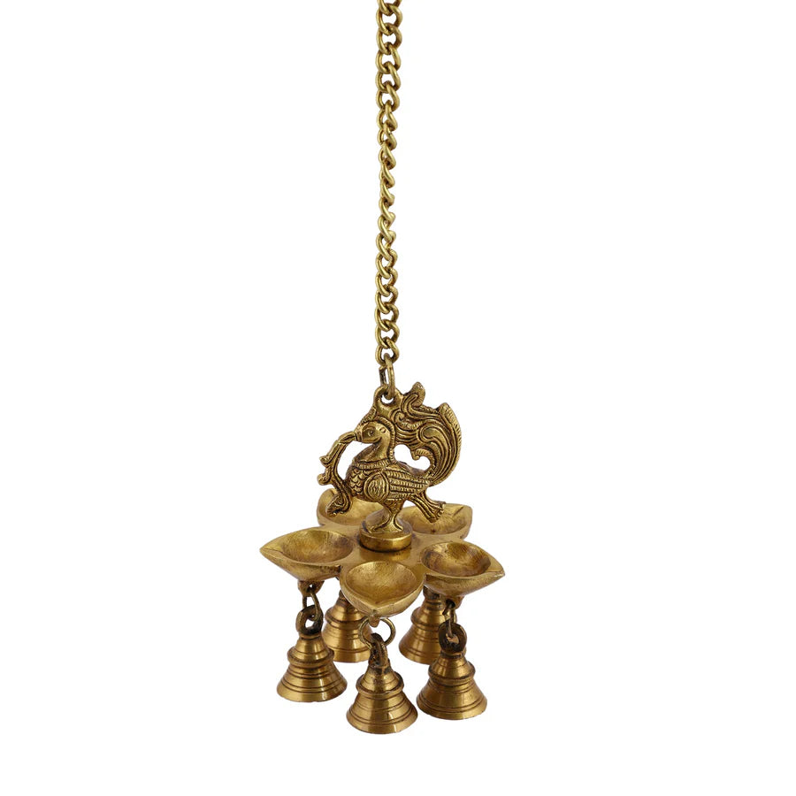 Peacock hanging 5 Diya With Bells (Light)