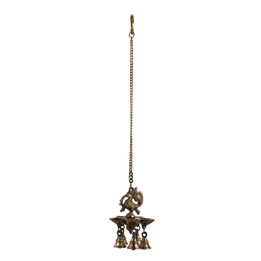 Peacock hanging 5 Diya With Bells (Dark)