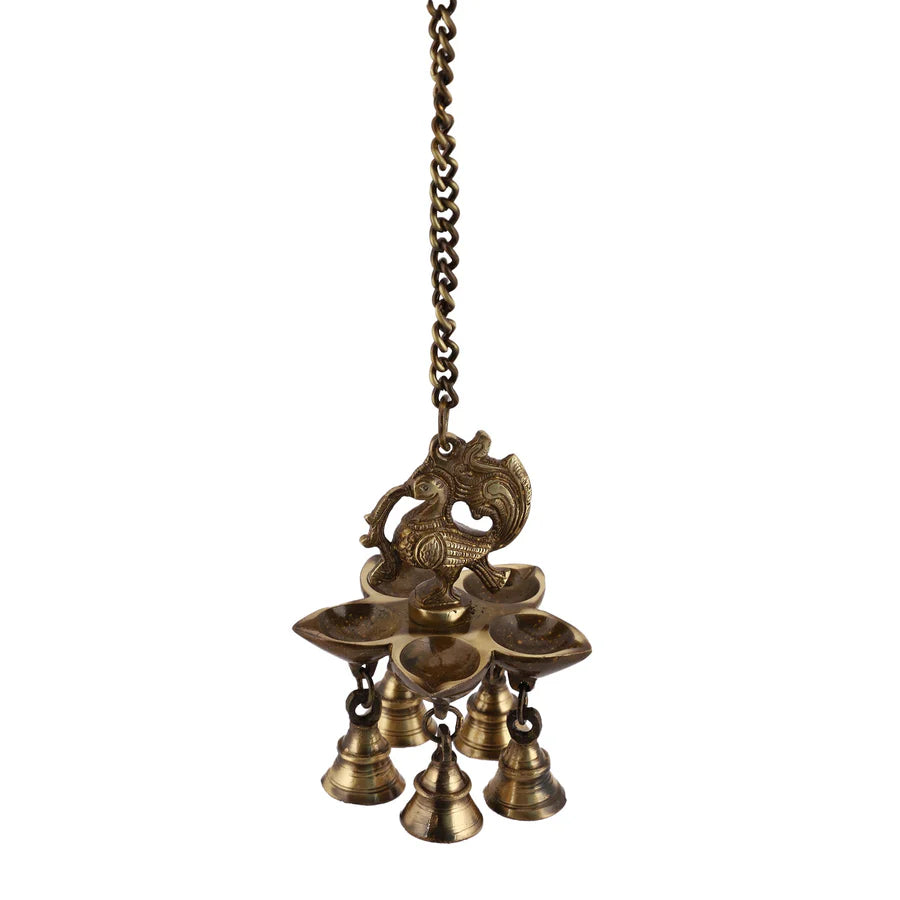 Peacock hanging 5 Diya With Bells (Dark)