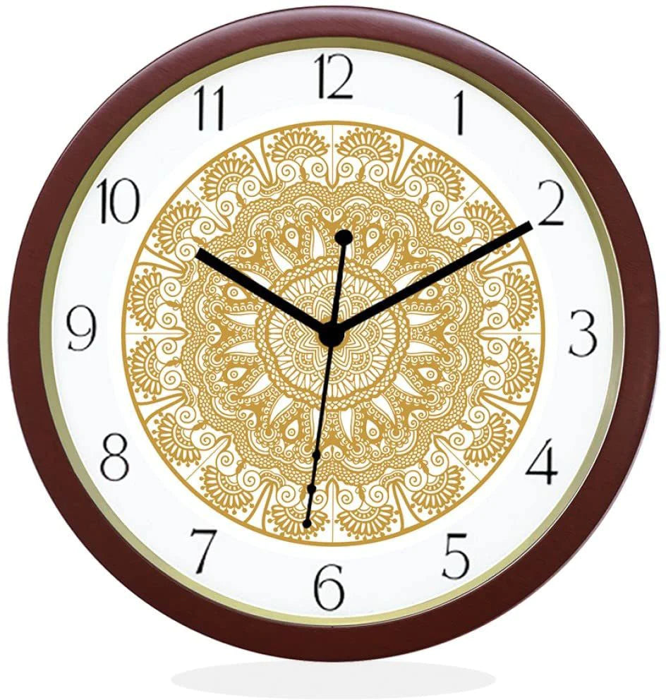 24 K Gold Plated Floral Round Brown Numeric Wall Clock for Home