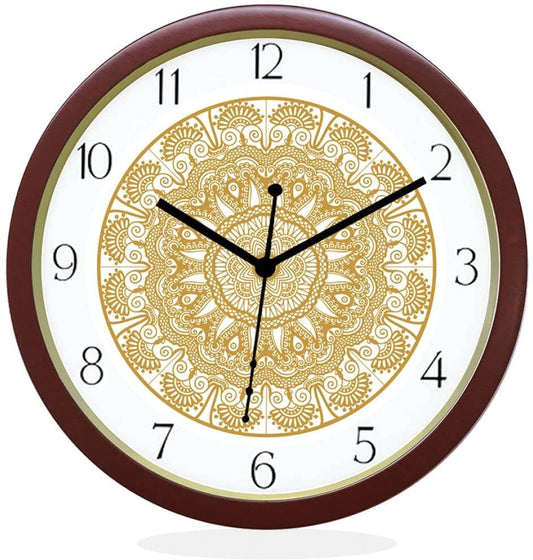 24 K Gold Plated Floral Round Brown Numeric Wall Clock for Home