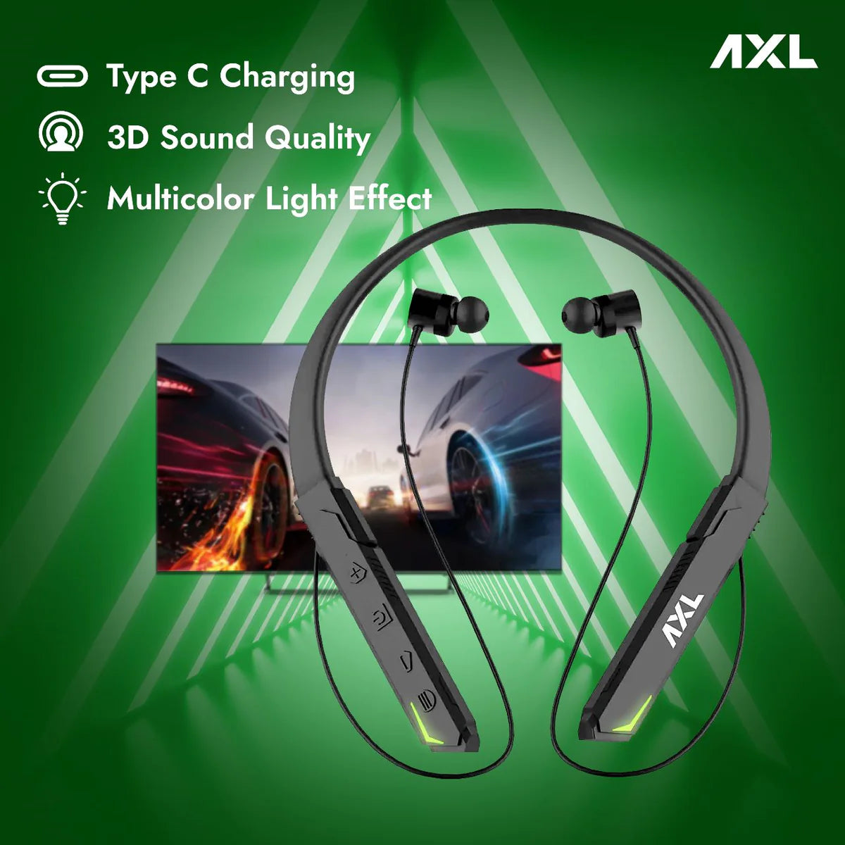 AXL GN01 Falcon Wireless Gaming Neckband Up to 30Hrs Playtime, Bluetooth 5.0, 3D Sound Quality with Mic, Type-C Charging, IPX4 (Black)