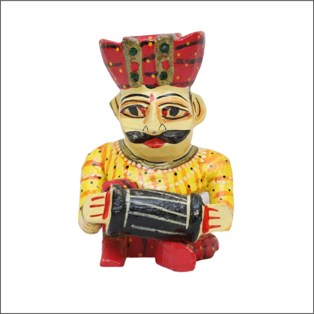 Wooden Sitting Musician Figurine | Hand-Painted Colorful Wooden Rajasthani Babla Musician Man