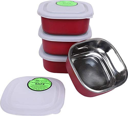 Diamond Stainless Steel Microwave Safe Solid Bowl Set - 300 ml, 4 Pieces, Red