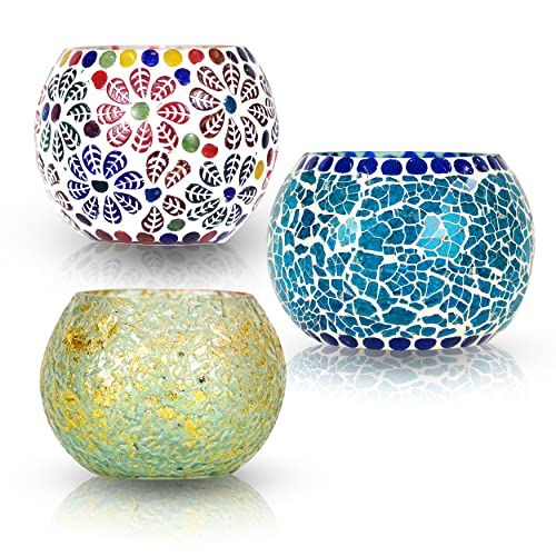 Tealight Candle Glass Holders l Pack of 3 – Multicolored Glass T-lite Votive with 3 Tea Light Candle