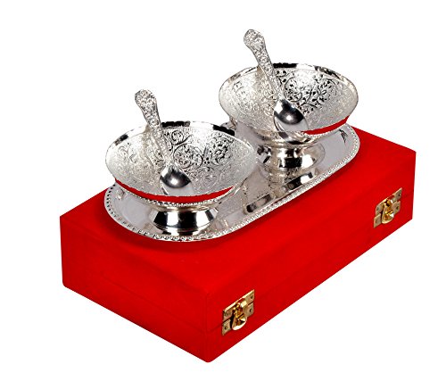Round German Silver Plated Bowl with Tray Set Includes -1 Tray, 2 Bowls (150 ml), 2 Spoons | Diwali Gift Set | katori chammach | Serving Bowl | Snack Bowls (Pack of 1)