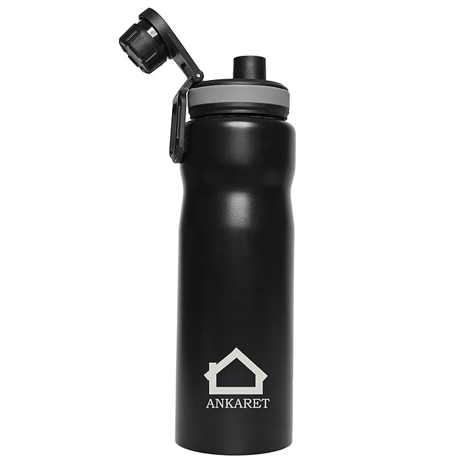 Ankaret Stainless Steel Fridge Water Bottle 1L (Sipper Cap Set of 1, Black)