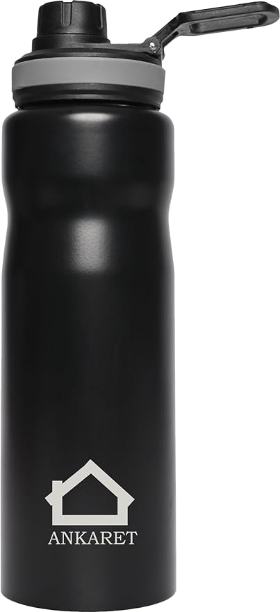 Ankaret Stainless Steel Fridge Water Bottle 1L (Sipper Cap Set of 1, Black)