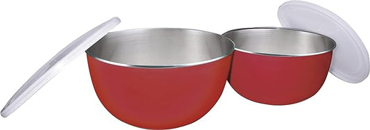 Diamond Microwave Safe Stainless Steel Bowls 850ml Red With Floral Design Cap (Set of 2)