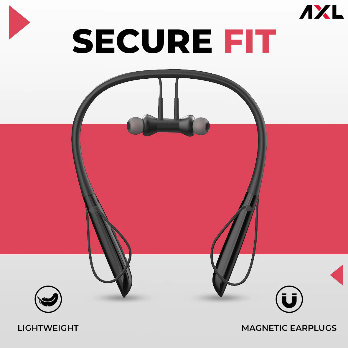 AXL ABN03 Wireless Neckband with Up to 20Hrs Playtime, Bluetooth 5.0, Fast Charging, Volume Control, Deep Bass and Single Touch Connect – Black