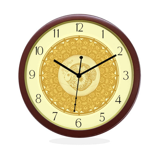 24 K Gold Plated Fish Round Brown Numeric Wall Clock for Home