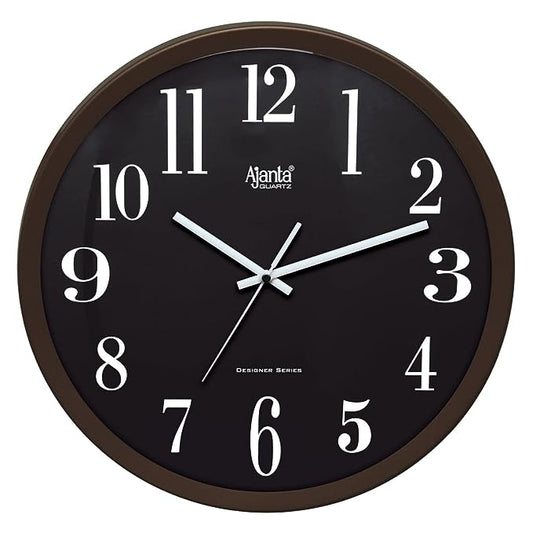 Ajanta Sweep Curved Glass Sleek Wall Clock | Black dial, Dark Brown case