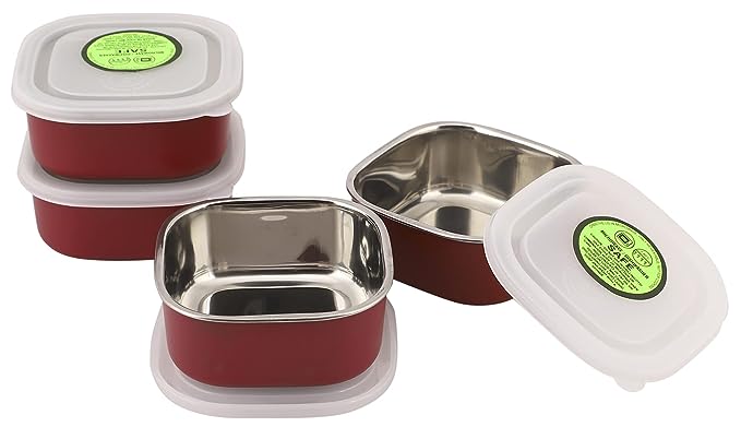 Diamond Stainless Steel Microwave Safe Solid Bowl Set - 300 ml, 4 Pieces, Red