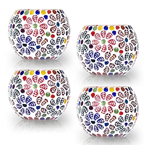 Glass Tealight Candle Holders l Pack of 4 – Multi-Color Mosaic Glass T-lite Votive with 4 Tea Light Candle