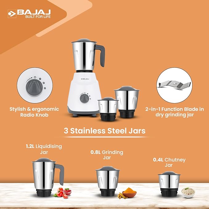Bajaj Ninja Series Contempo 500W Mixer Grinder|3 Stainless Steel Jar