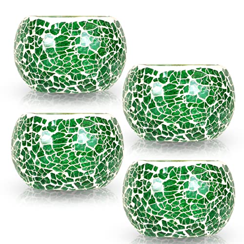 Glass Tealight Candle Holders l Pack of 4 – Green-Mirror Mosaic Glass T-lite Votive with 4 Tea Light Candle