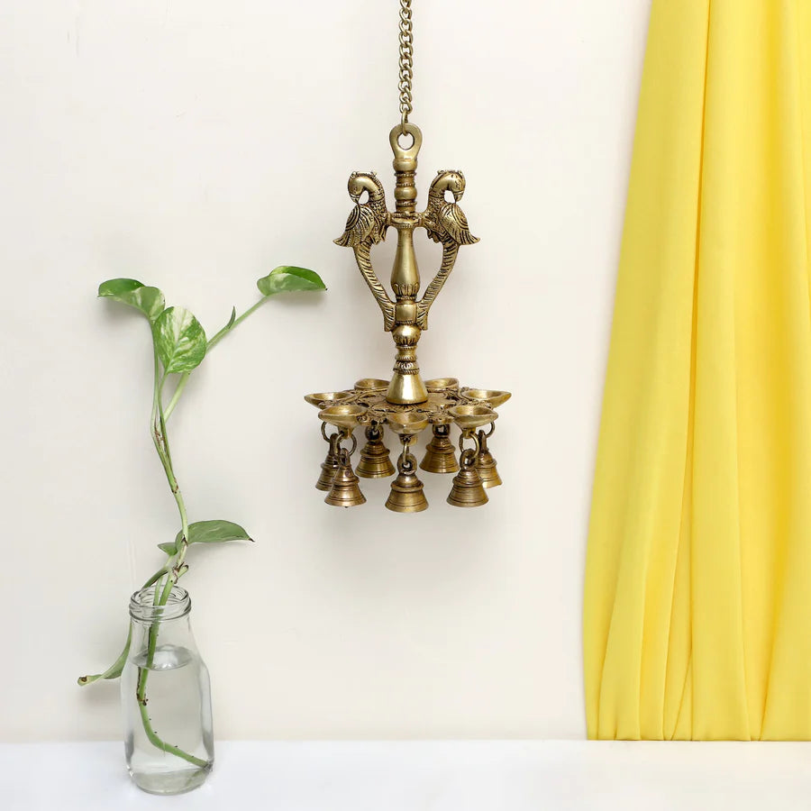Peacock hanging 7 Diya With Bells (Light)