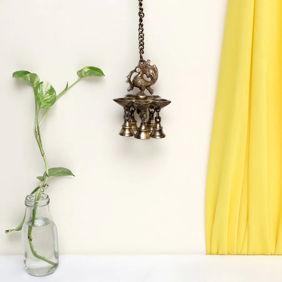 Peacock hanging 5 Diya With Bells (Dark)