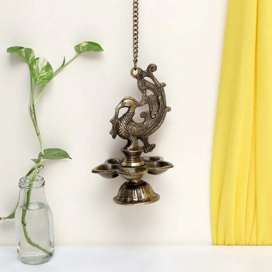 Peacock hanging 5 Diya With Bells and Stand (Dark)