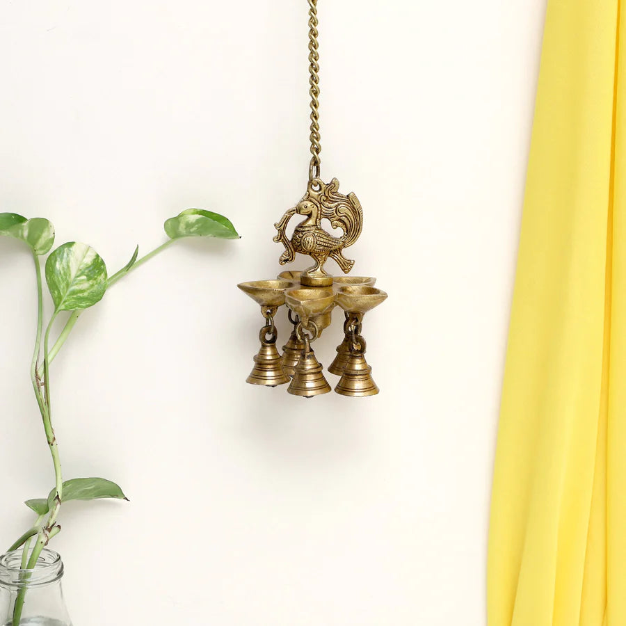 Peacock hanging 5 Diya With Bells (Light)