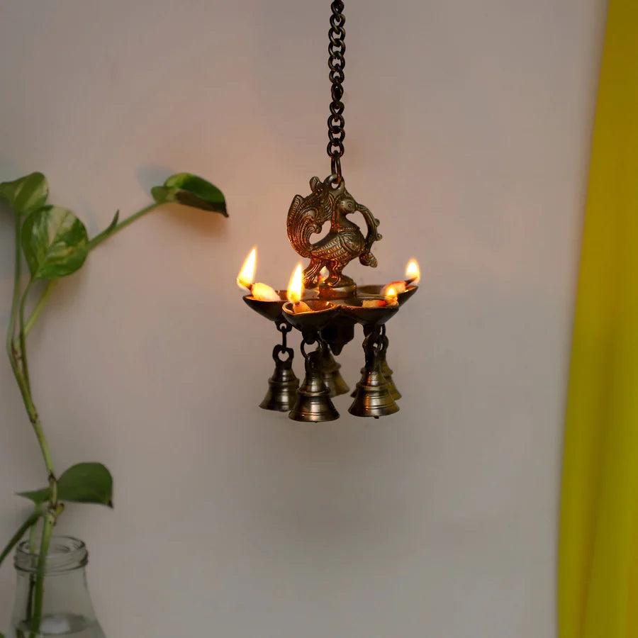 Peacock hanging 5 Diya With Bells (Dark)