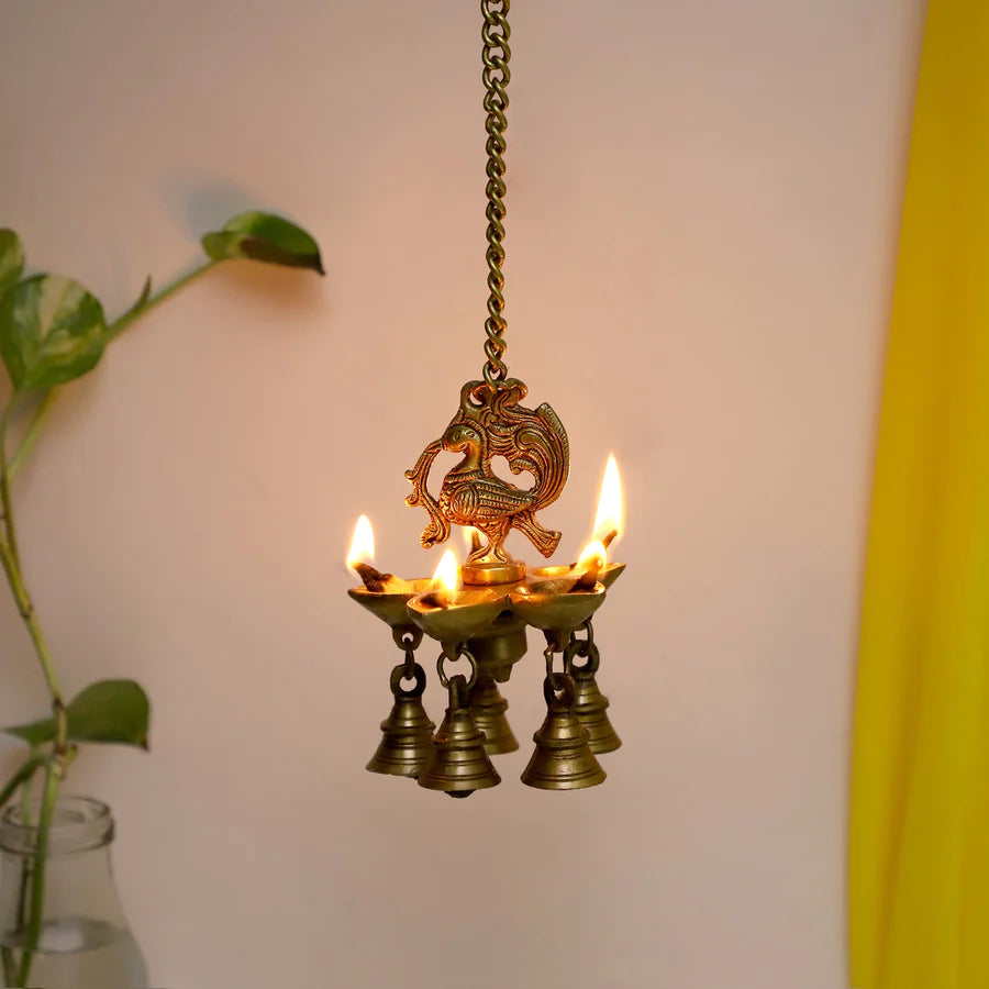 Peacock hanging 5 Diya With Bells (Light)