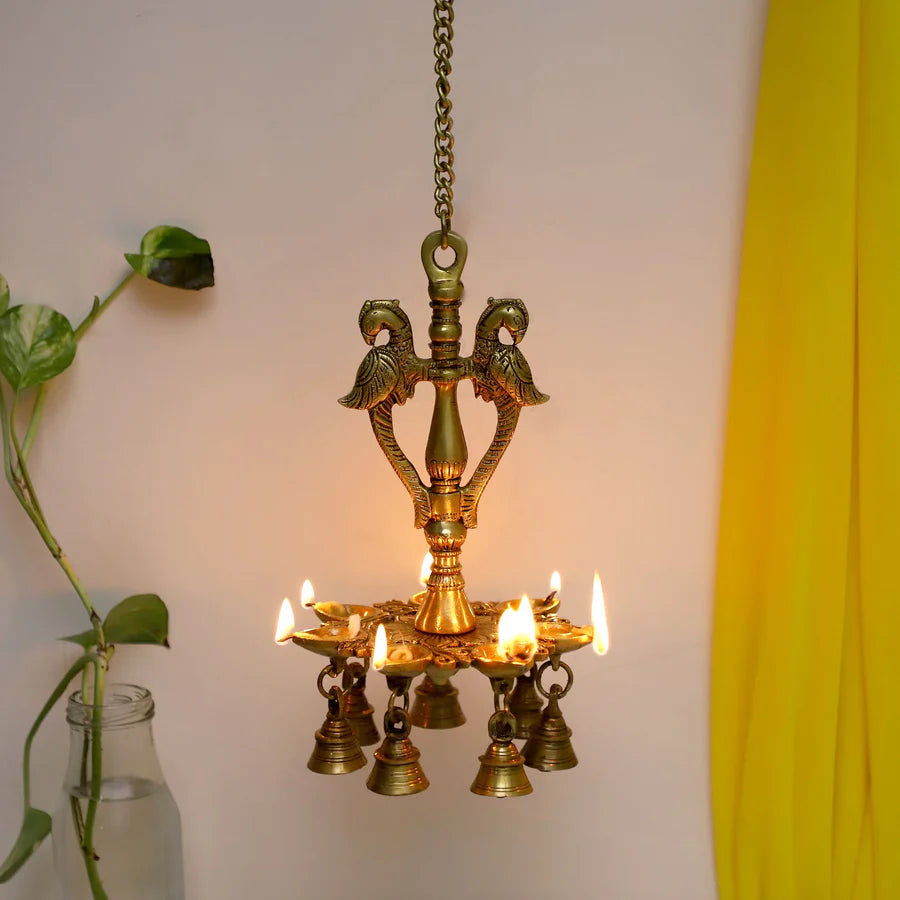 Peacock hanging 7 Diya With Bells (Light)