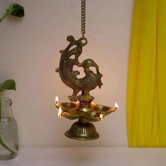 Peacock hanging 5 Diya With Bells and Stand (Light)