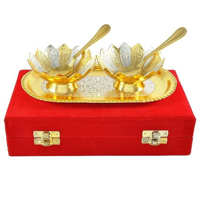 German Floral Gold and Silver Plated Bowl with Tray Set Includes -1 Tray, 2 Bowls (150 ml), 2 Spoons | katori chammach | Serving Bowl | Snack Bowl (Pack of 1)
