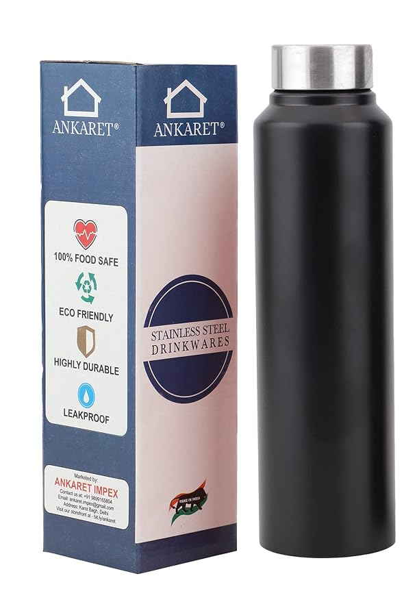 Ankaret Stainless Steel Water Bottle 1L, Black, Screw Cap, 1 (Set of 1)