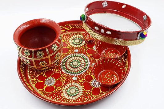 Karwa Chauth Decorative Pooja Thali Set | Designer Stainless Steel Thali Set | Lota, Kalash, Diya, and Bowls | Trafitional Poooja Thalis | Channi Lota Included