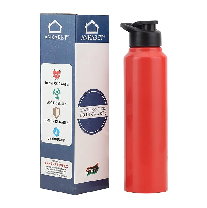 Ankaret Stainless Steel Water Bottle 1L, Red, Sipper Cap (Set of 1)