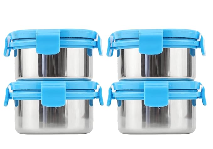 Ankaret Clip Lock Airtight Leakproof Stainless Steel Storage Container, 330 ml, Blue (Set of 4)