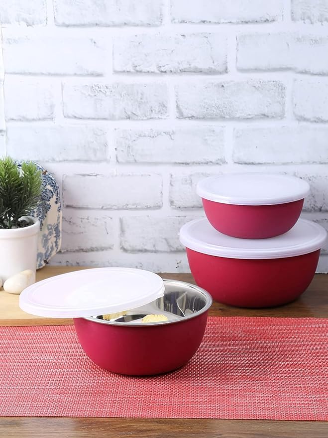 Diamond Microwave Safe Stainless Steel Bowls 850ml Red With Floral Design Cap (Set of 2)