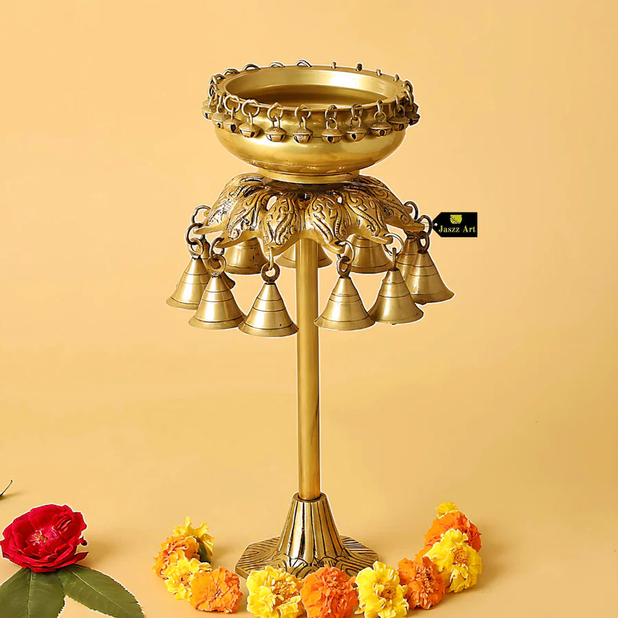 Art Brass Urli Bowl with Bells Ethnic Design Uruli Pot for Home Decor