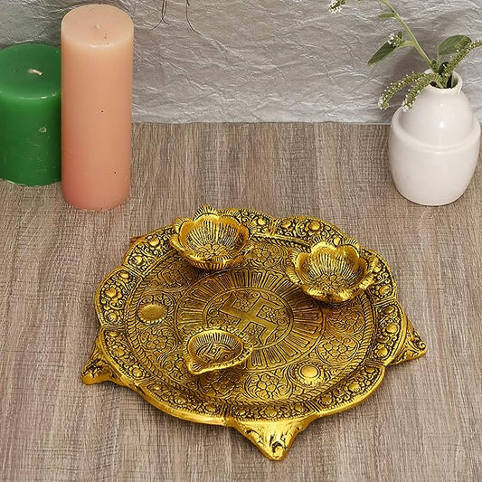 Beautiful Pooja Thali with Diya Gold Plated for Home Temple, Office Temple and Pooja Room-Metal- Dia. 9 Inch