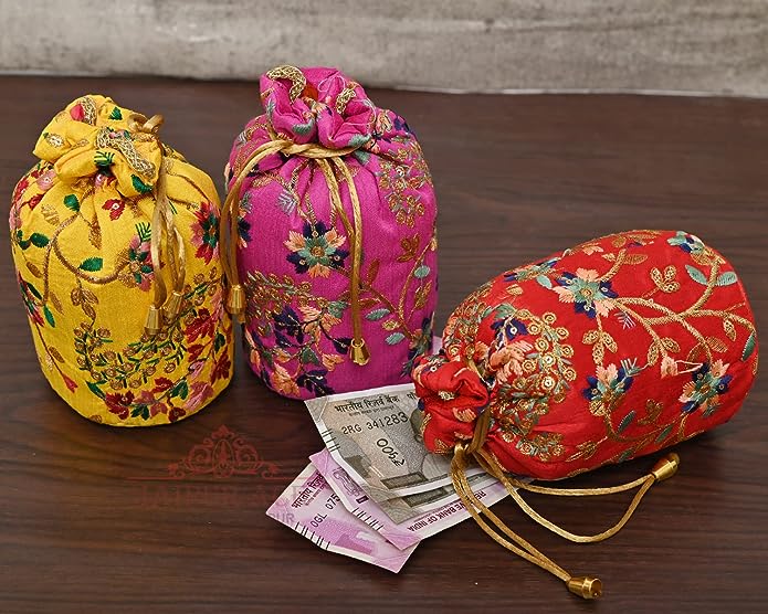 Ethnic Rajasthani Potli Bag, Batwa, Floral Embroidery Potli, Women's Bag, Beige Size 16 X 10 CM