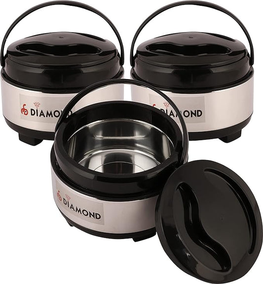 Diamond Stainless Steel (Set of 3) Thermoware Casseroles of Size 1L Each for Keeping Food hot with Easy to Carry Handle and PUF Insulation in Elegant Steel Finish (Desire1000x3)