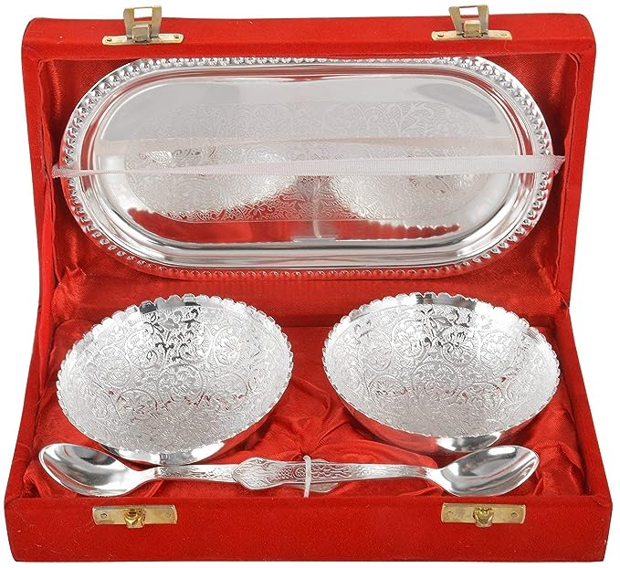 Round German Silver Plated Bowl with Tray Set Includes -1 Tray, 2 Bowls (150 ml), 2 Spoons | Diwali Gift Set | katori chammach | Serving Bowl | Snack Bowls (Pack of 1)