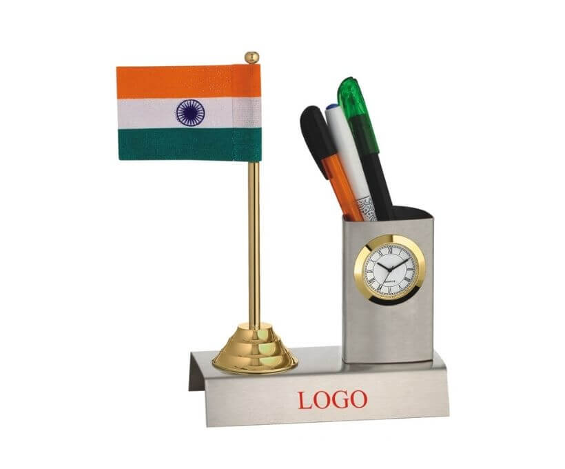 India Flag With Clock Pen Holder