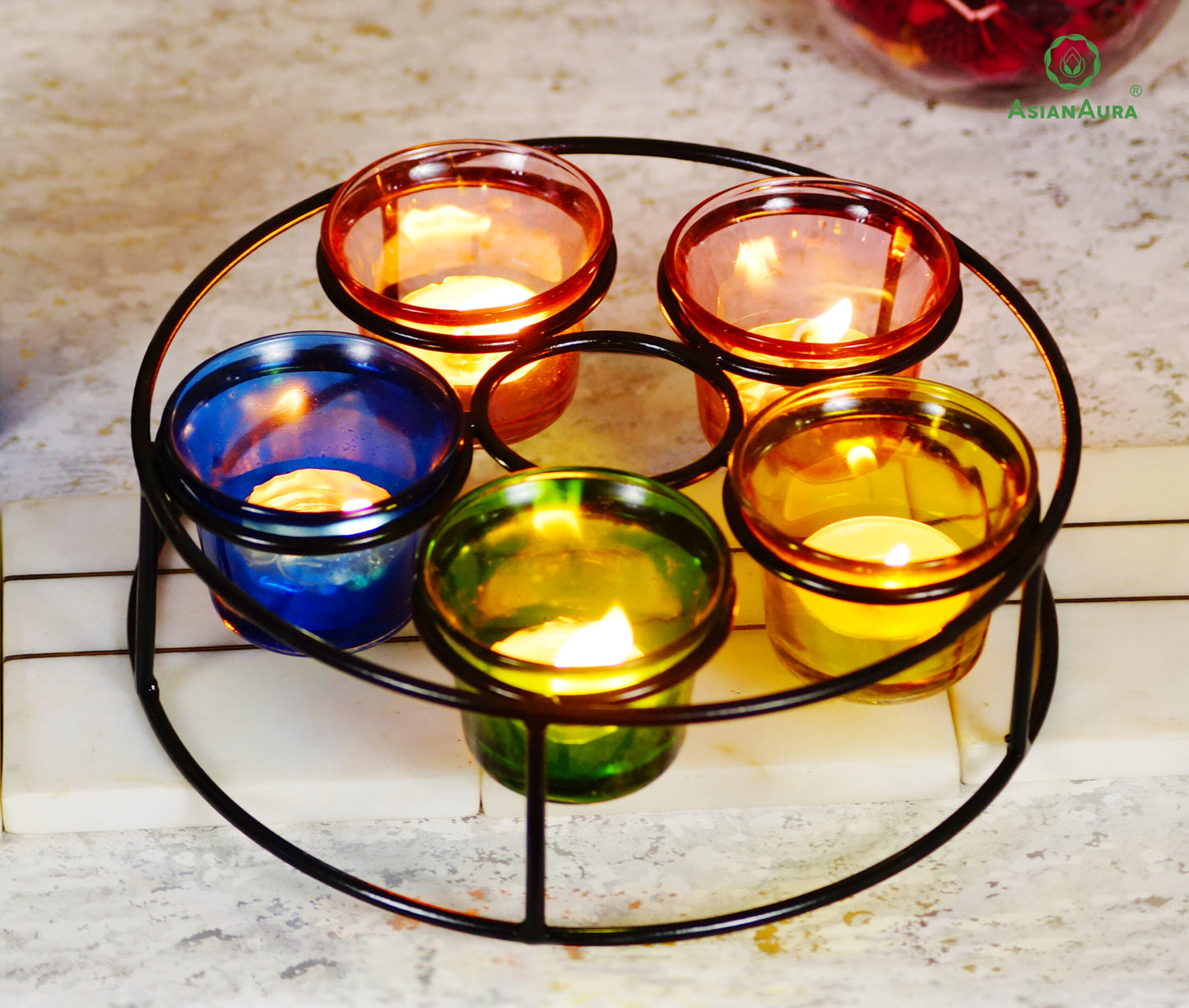Five Votive Candle Holder, Table Top candle décor, Metal Votive Candle Holder (Black, Pack of 1)