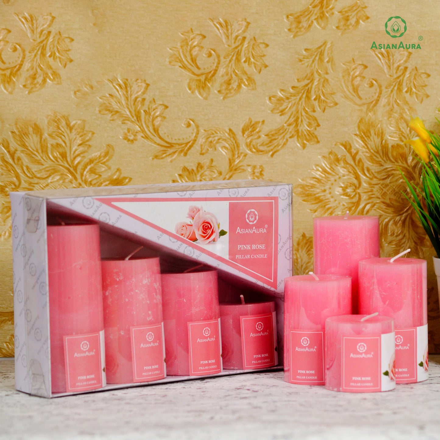 Pink Rose Scented Pillar Candle Gift Set (Pack of 4)