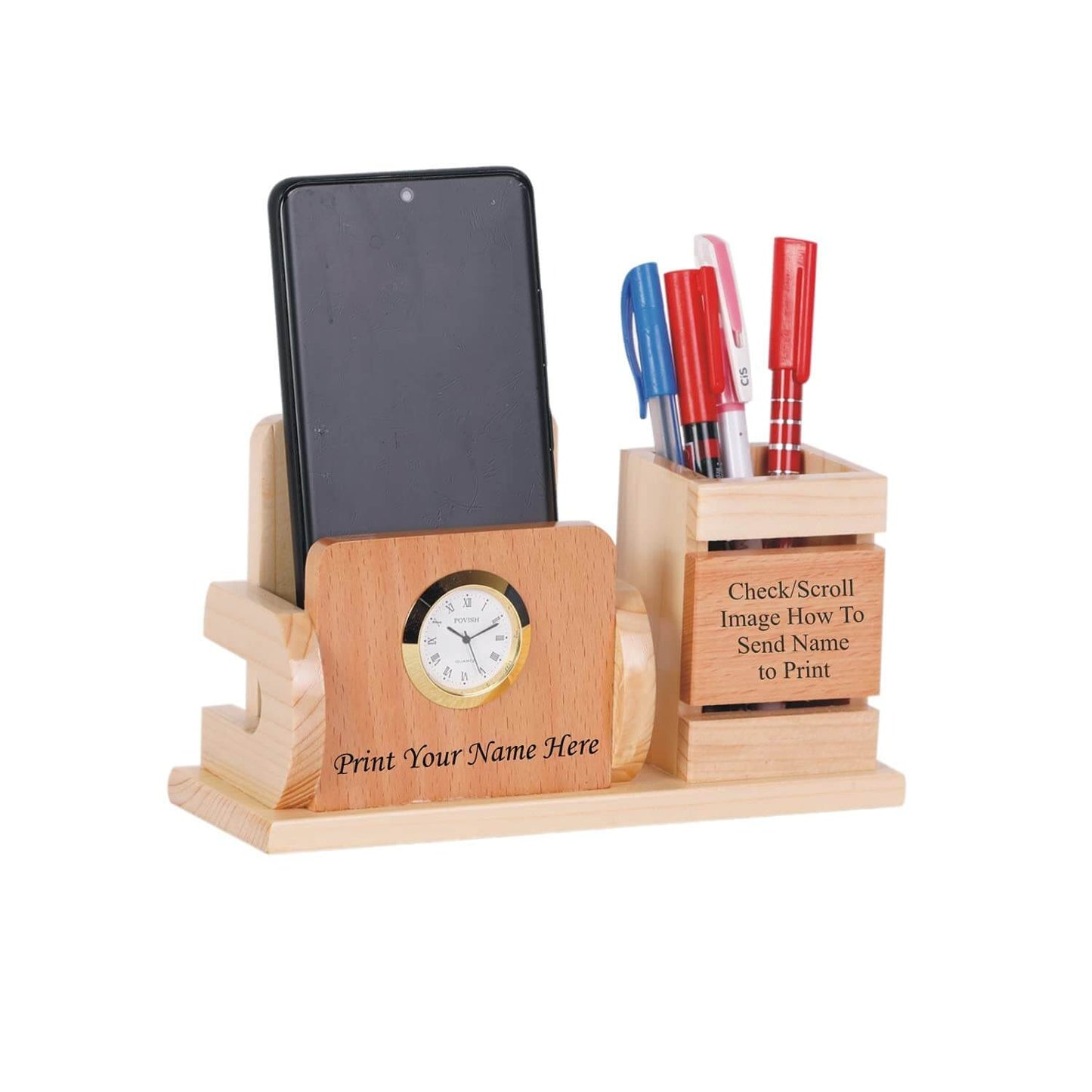 Personalised Gift, Name Printed, Wooden Pen Stand With Clock