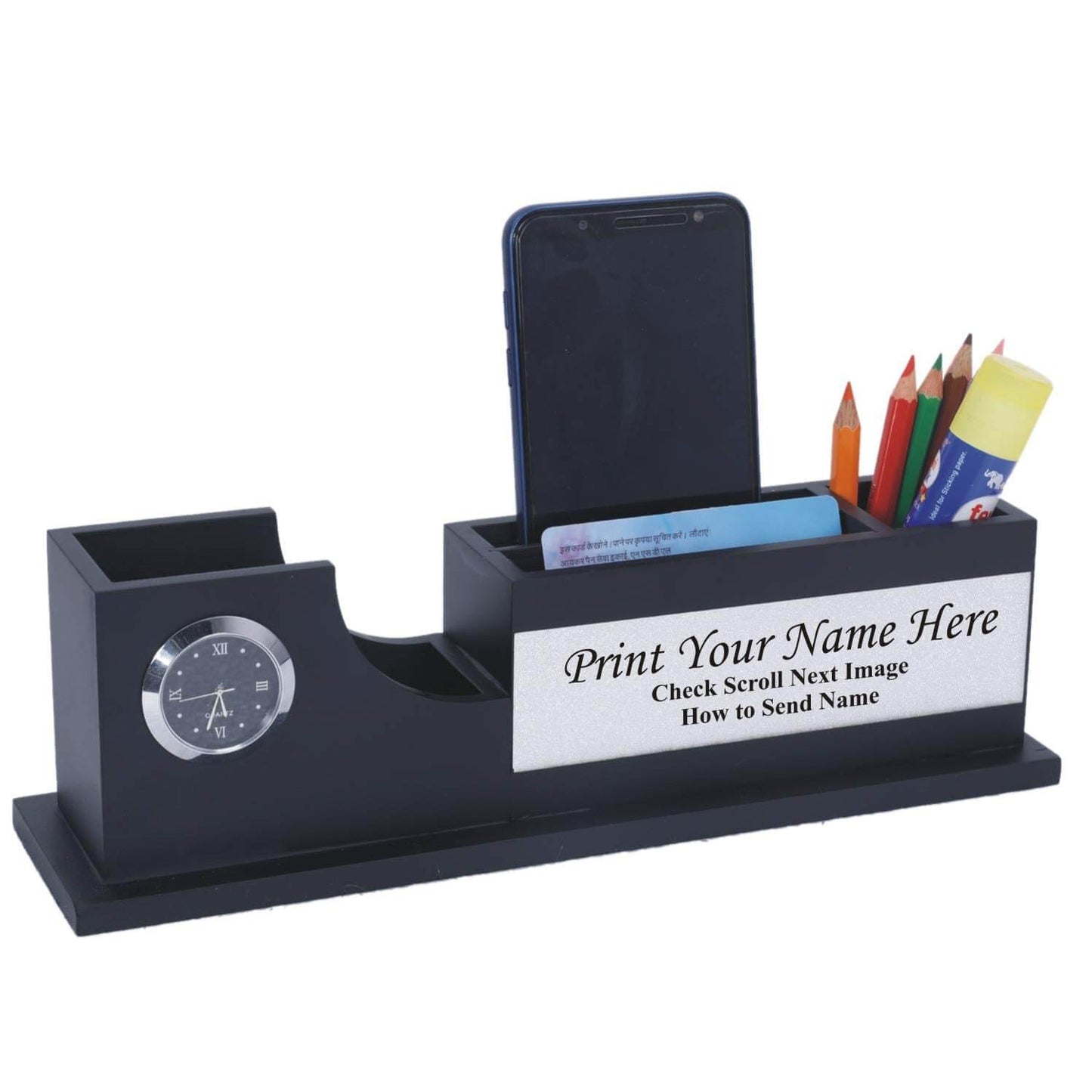 Personalised Gift, Name Printed, Wooden Pen Stand Clock. (Black & Silver)