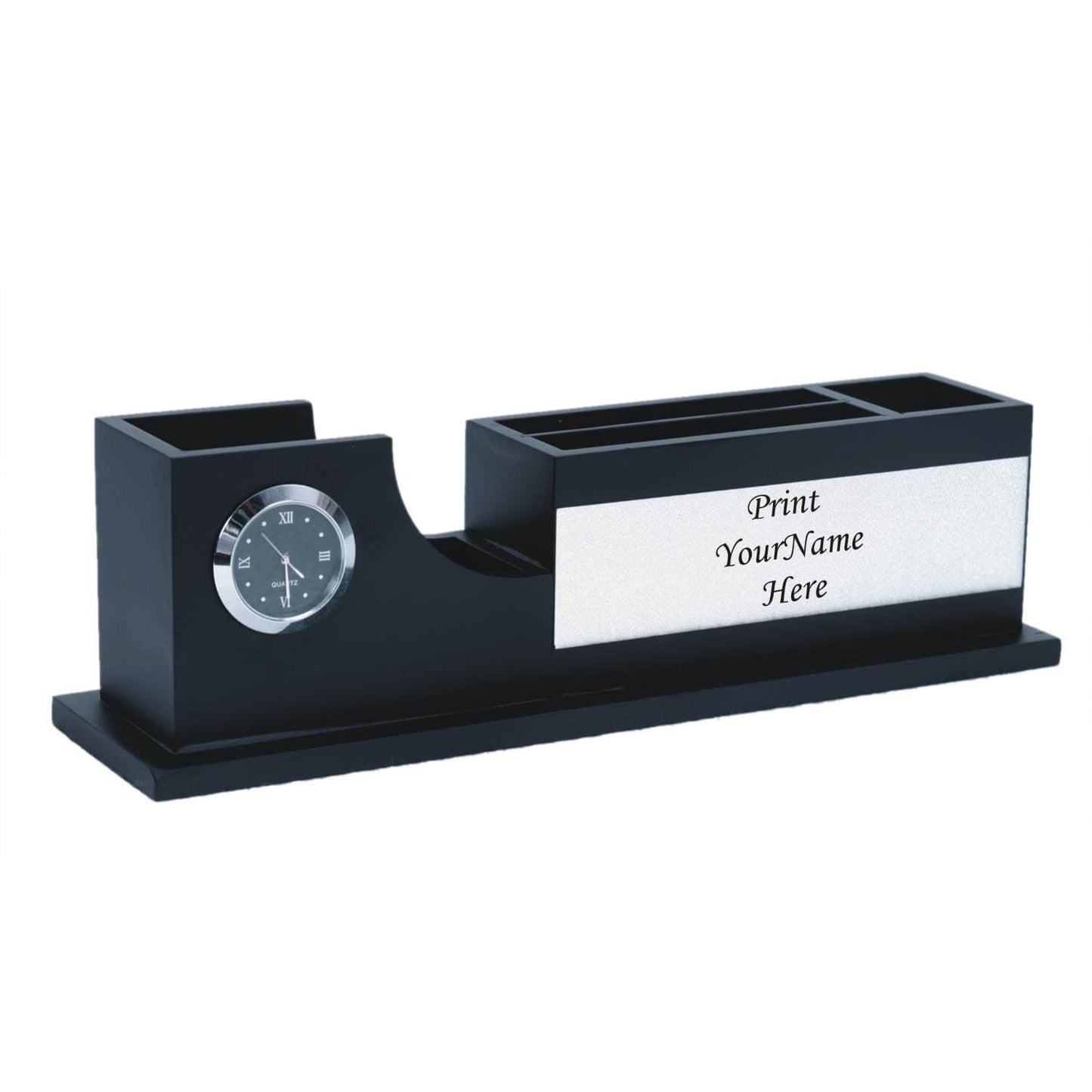 Personalised Gift, Name Printed, Wooden Pen Stand Clock. (Black & Silver)