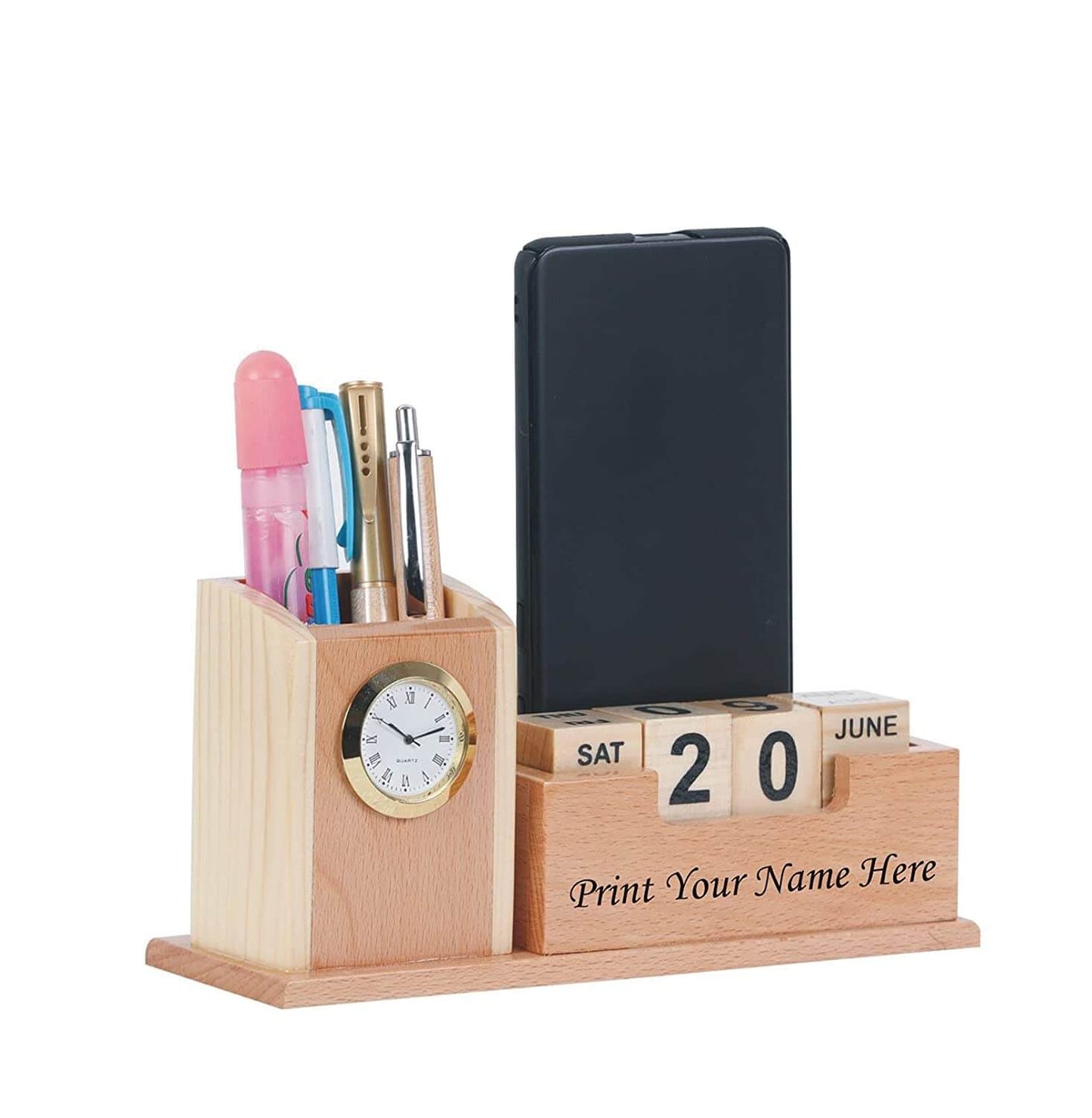 Personalised Gifts, Wooden Calendar With Your Name On It, Watch ,Mobile Phone Along With Multiple Pen Pencil Holder