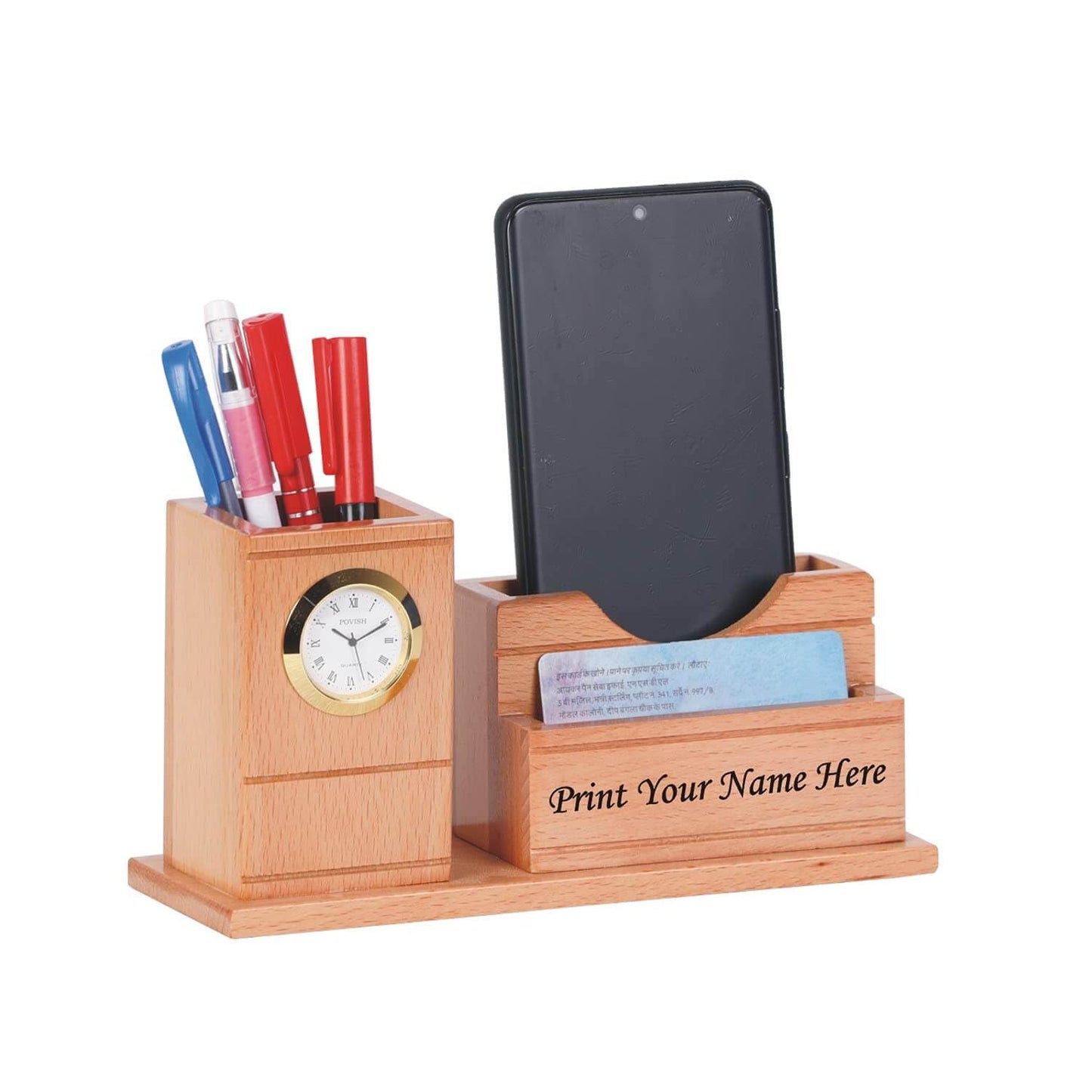 Wooden Pen Holder with Watch, Visiting Card, Mobile Phone Holder