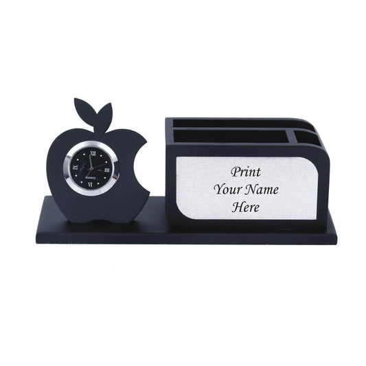 Personalised Gift, Name Printed, Wooden Pen Stand with Clock, Mobile, Card Holder (Black & Silver)