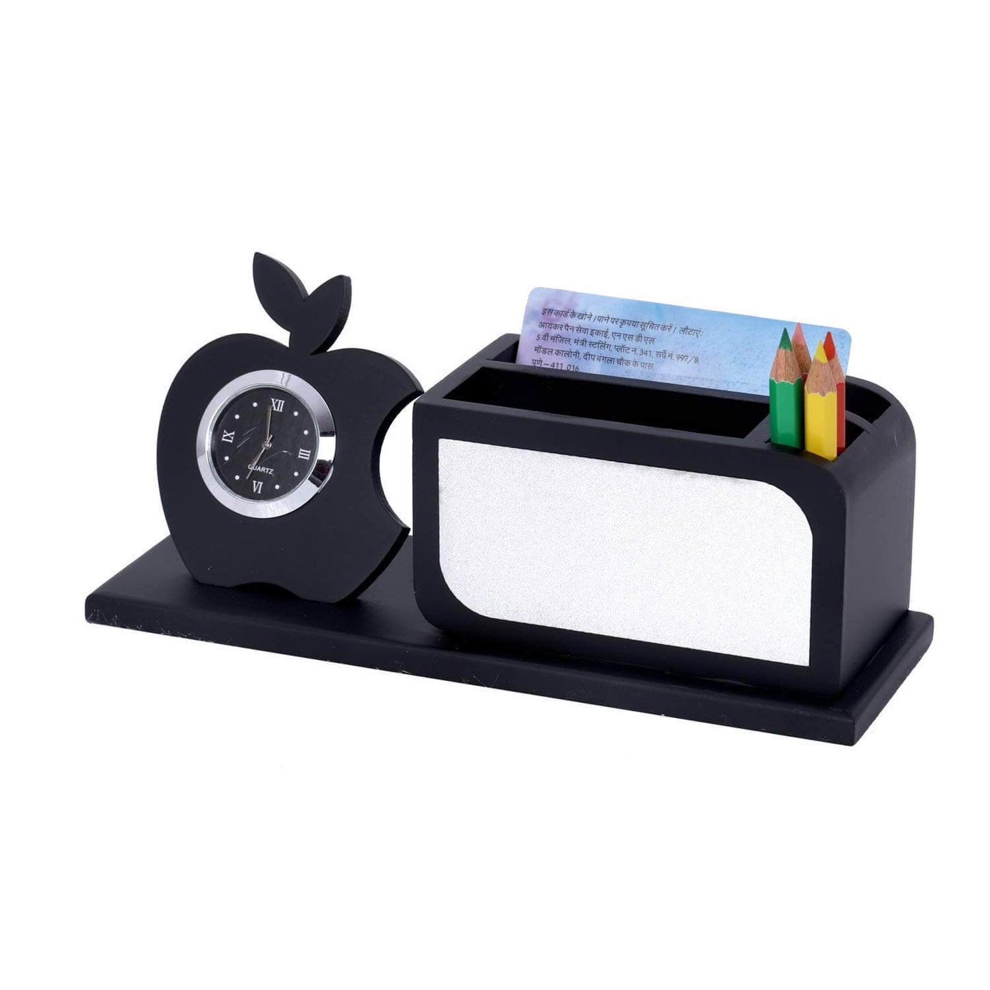 Personalised Gift, Name Printed, Wooden Pen Stand with Clock, Mobile, Card Holder (Black & Silver)